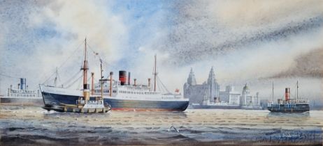 John Shimmin (1933-2005) Watercolour "Mersey Shipping", harbour scene featuring the transatlantic