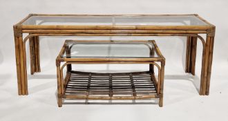 Large bamboo side table of elongated rectangular form, with glass top, 69cm high x 177cm wide x 46cm