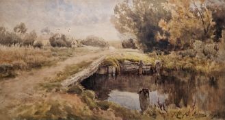 John Clayton Adams (1840-1906) Watercolour Landscape with river and bridge in foreground, signed and