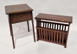 Oak sewing table, the hinged square top revealing a lined interior and a mahogany magazine rack with