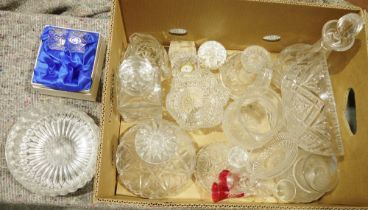 Collection of cut and moulded glass to include Royal Doulton crystal, pair of napkin rings in box, a