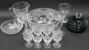 Assorted cut glass including six Webb Corbett engraved Prince Regent pattern small wine glasses, two