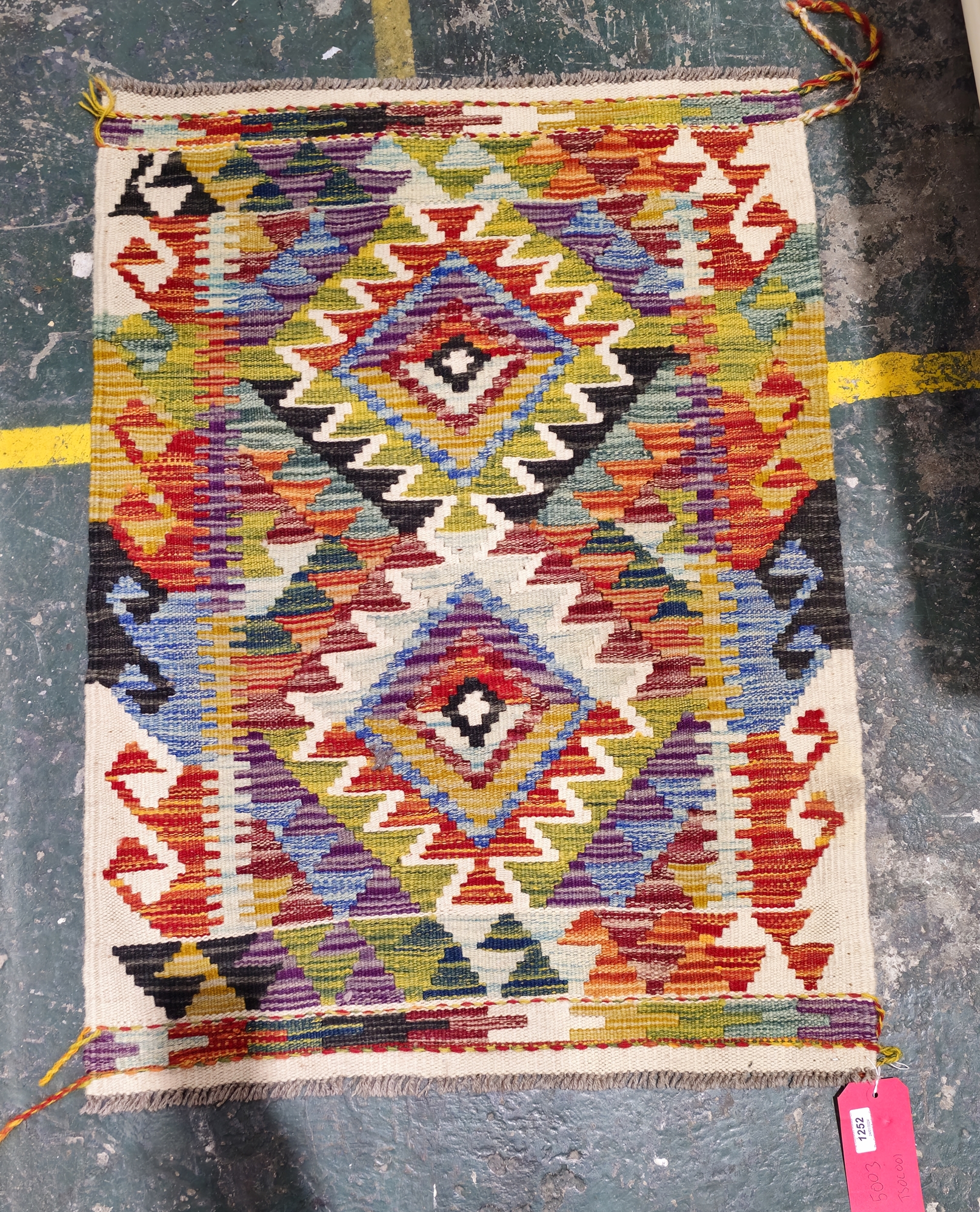 Chobi small kilim with two chevron bordered lozenges and hooked border, 93cm x 67cm