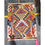 Chobi small kilim with two chevron bordered lozenges and hooked border, 93cm x 67cm