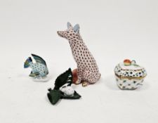 Herend models of a fox in iron red, 13.3cm high, a fish in blue, gilt and black, a small rabbit on a