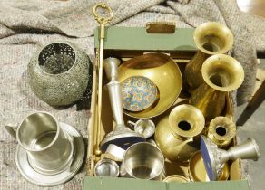 Assorted metalware to include pair of brass floral engraved flower vases, a Woodbury pewter plate,