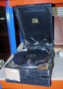 HMV early 20th century picnic gramophone in black case with built-in record storage tray
