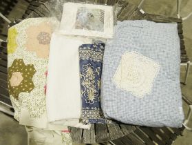 Double patchwork quilt, a cream figured cotton bedspread, a single Batik blue and cream curtain, a