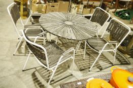 Grey stained wood and metal garden table with four matching chairs (5)  Condition Report Overall