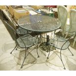 Metal black painted garden table, four chairs and parasol base