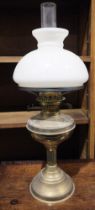 Possibly late Victorian oil lamp with glass chimney and opaque glass shade