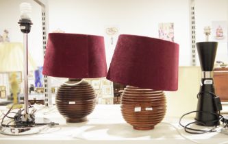 Pair of wooden ribbed lamps, a stainless steel modern lamp, two gold vases and a further lamp (6)