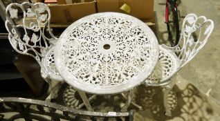 Cast aluminium white painted garden table and two matching chairs (3)