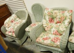 Large conservatory suite consisting of four armchairs, four chairs and a table, all in distressed