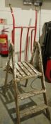 Small stepladder distressed with paint, 94cm and a red painted sack truck (2)