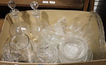 Quantity of glasswares to include cut and moulded glass decanters, dessert bowls, serving dishes,