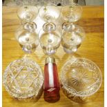 Six Babycham saucers, a cranberry glass faceted sugar duster, a cut glass dish and another shallow