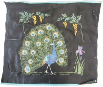 Two painted panels, peacock decorated, pair of yellow silk panels painted with fruiting branches,