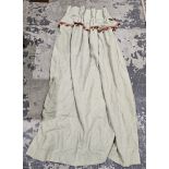 Sage green ruffle curtain with red and cream lined upper skirt, with tassels, 190cm long x 108cm