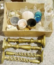 Two pairs of brass candlesticks, a pair of Capri lead crystal champagne glasses, a boxed