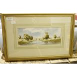 Watercolour of a riverside landscape, titled 'By the River' by Peter Bell and two limited edition