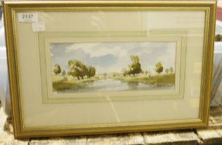 Watercolour of a riverside landscape, titled 'By the River' by Peter Bell and two limited edition