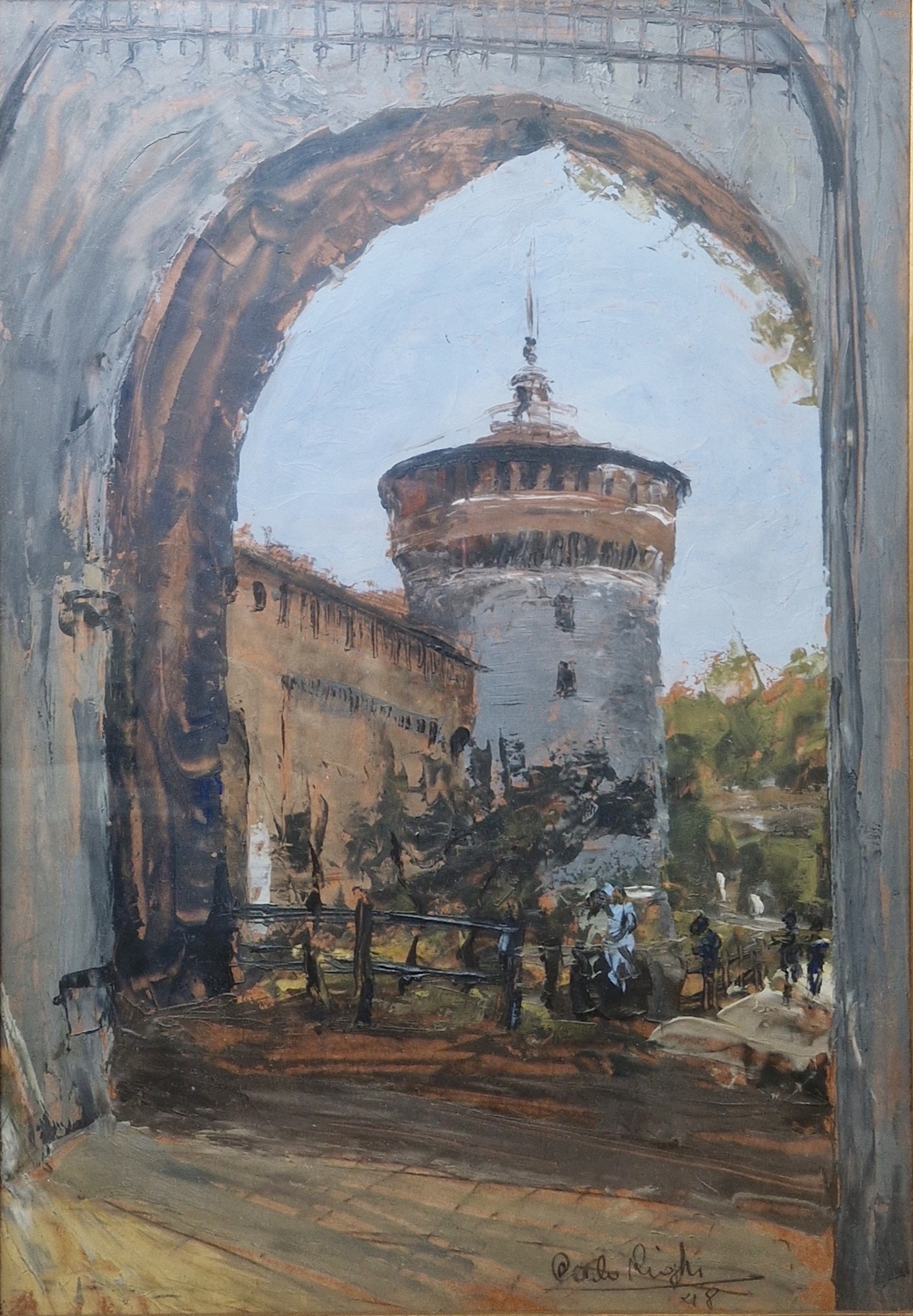 Carlo Righi  Oil on board View through archway to turreted building, possibly Naples, signed and