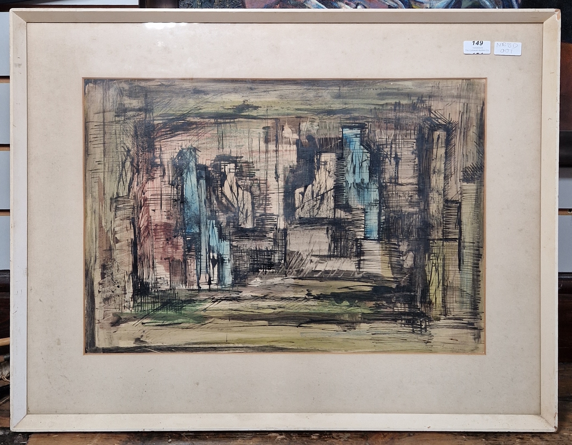 Maurice Barnes  Watercolour and ink "Harmony", lime green and robot figures, label to reverse, - Image 2 of 3