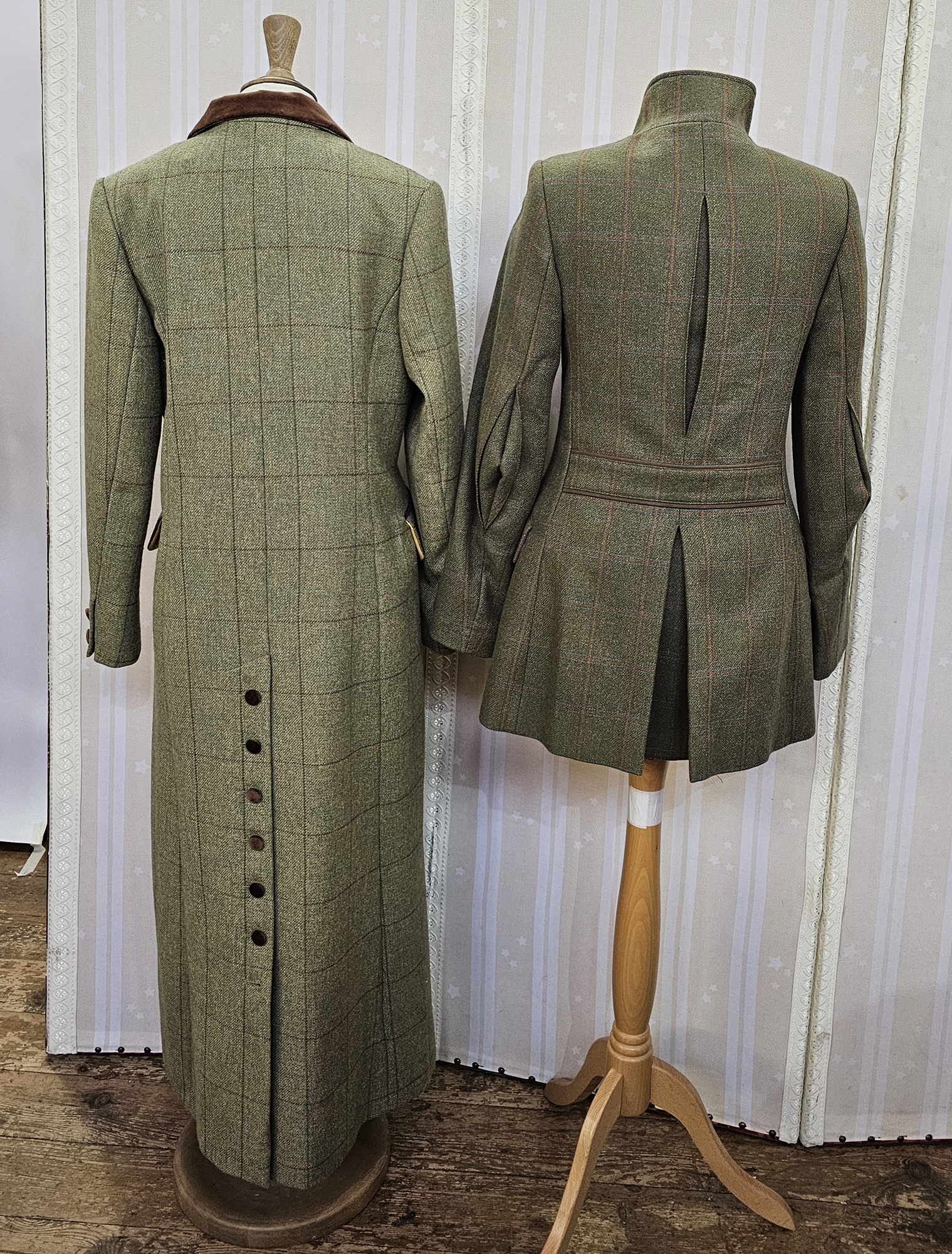 Cousins of Cheltenham tweed maxi coat, brown velvet trim to the collar, brown velvet buttons, - Image 2 of 8