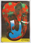 Two vintage Polish Circus 'Cyrk' advertising posters: Featuring an elephant balancing on its