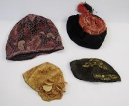1920's gilt metal thread and brown mesh cloche cap, floral and foliate decorated, brown and pink cap