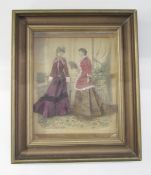 A framed Victorian fashion print, the two figures have been 'dressed ' in velvet dresses to depict