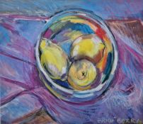 Erica Berry  Mixed media  Stylised still life depicting lemons in a bowl, signed lower right, framed