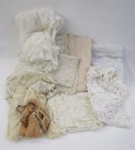 Cream lace shawl, net bed cover, quantity lace edging and lace pieces, wedding veil and similar