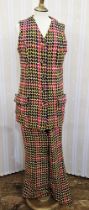 1970's brightly coloured tweed trouser suit, pink blue green with white detail, bellbottom