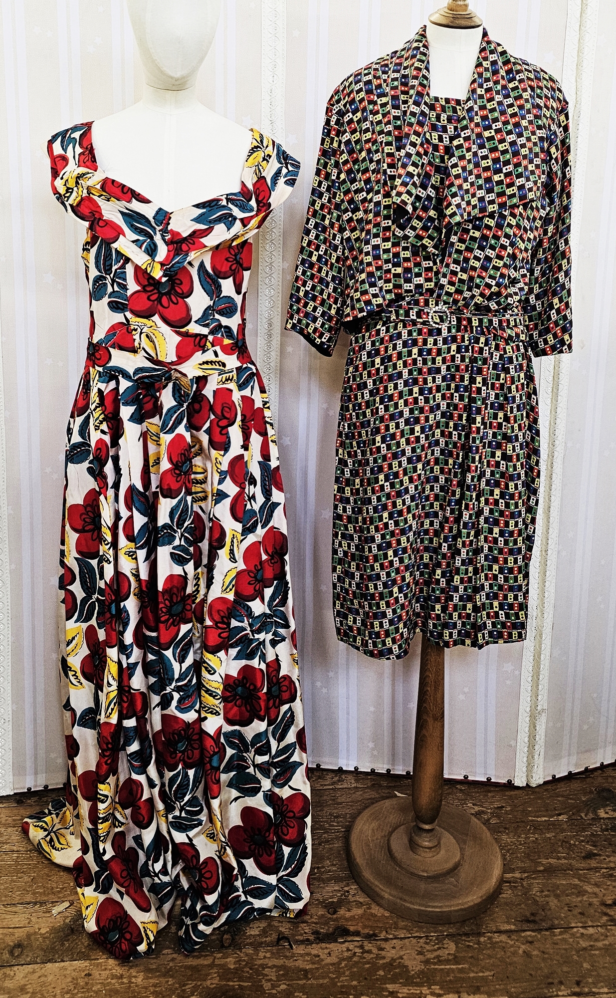 1930's - a full-length evening gown, bold pattern in red, turquoise and yellow, printed onto a white