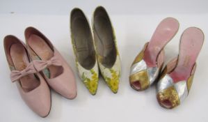 Quantity ladies shoes to include pair high heeled mules in silver and gold, inscribed 'The Balta,