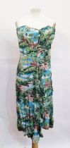 1950's boned, strapless dress, cotton, printed with tropical beach scenes, labelled 'Royal Hawaiian,