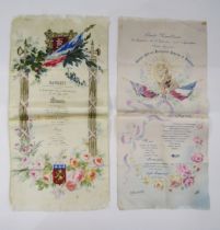 Two French printed silk menus from Lyon, 18th May 1907, both floral decorated, a quantity of silk