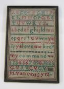 Victorian sampler with alphabet, phrase and numbers, inscribed M Vance, 12 years, 1883, 30cm x 20cm