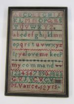 Victorian sampler with alphabet, phrase and numbers, inscribed M Vance, 12 years, 1883, 30cm x 20cm