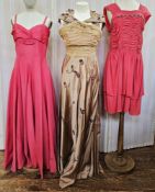 Three 1950's evening gowns to include a pale coffee-coloured satin evening gown with chiffon