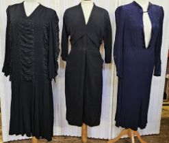 Quantity of 1930's and 1940's black and other dresses to include a black crepe evening dress