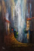 Raymond Klee (1925-2013) Oil on board Buildings beside water, signed lower left, 75cm x 49cm