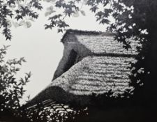 Ryōhei Tanaka (1933-2019) Etching and aquatint View of a thatched Japanese building through foliage,