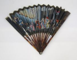 Antique tortoiseshell and painted paper folding fan, the leaf painted with figures in continental