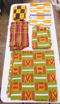 Length of Kente - Ghana - fabric, cotton and silk panels, and two smaller pieces. (3)