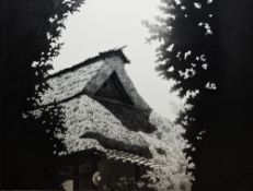 Ryōhei Tanaka (1933-2019) Etching and aquatint View of a thatched Japanese building through trees,