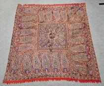 19th century Indian silk embroidered shawl having allover botehs, flowerheads, peacocks and other