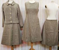 Mary Donan No.5 Stratford Place, London, W1 pale fawn and grey tweed skirt suit, five button